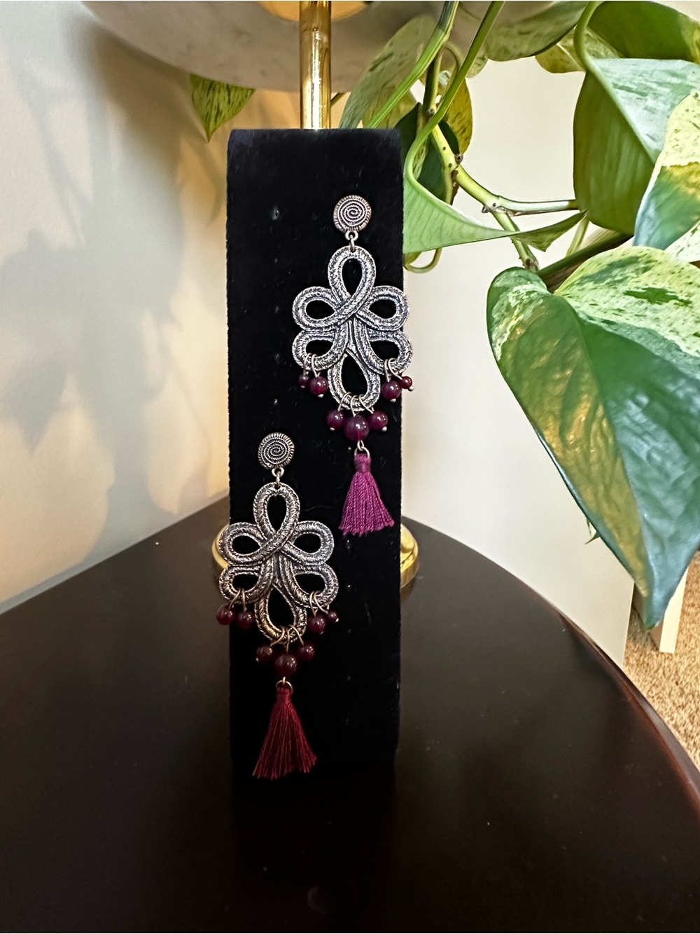 Chico's Silver-Tone Filigree Earrings with Burgundy Tassels